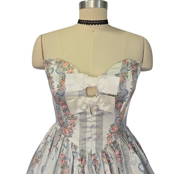 Gunne Sax Vintage 80s Strapless Satin Princess Dress Size 9 Floral Stripe Bows - Picture 3 of 10